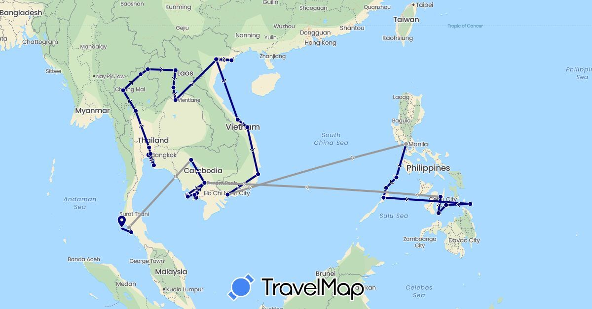 TravelMap itinerary: driving, plane in Cambodia, Laos, Philippines, Thailand, Vietnam (Asia)
